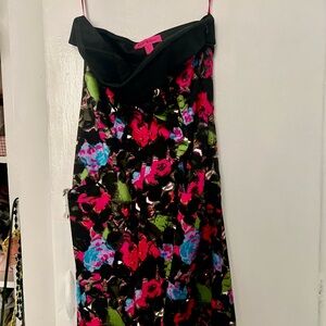 Betsey Johnson Strapless Floral Dress With Pockets - Black, Pink, Blue